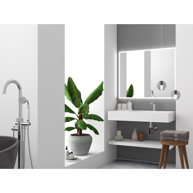Juniper 36" Solid Surface Wall Mount Modern Minimalist Right Basin Bathroom Sink and LED Mirror Set, White