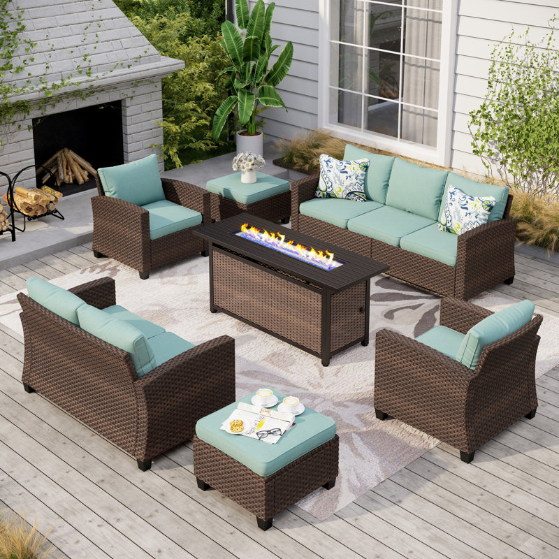 Salem 9 - Person Outdoor Wicker Patio Conversation Furniture Set with Fire Pit Table, Blue, Yes