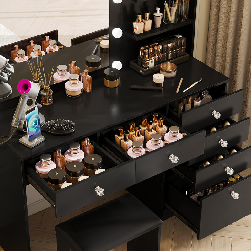 Coiffeuse Greyden avec miroir lumineux, prises de courant et 6 tiroirs, Noir