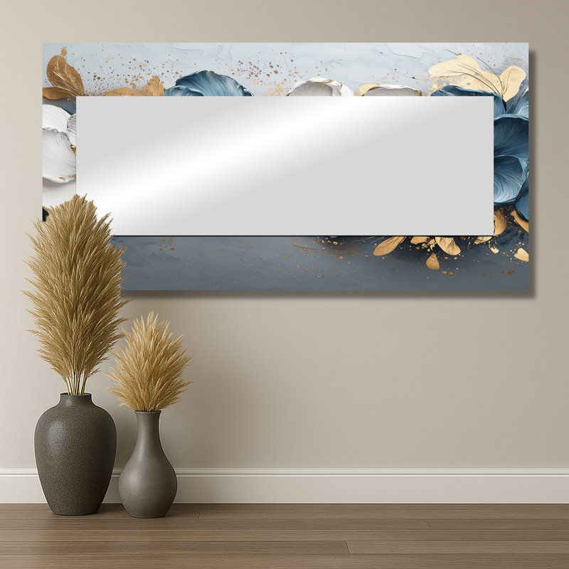 «Blue Gold Velvet Blue Tulips River I», décoration murale miroir floral - imprimé sur métal, 28 po x 55 po