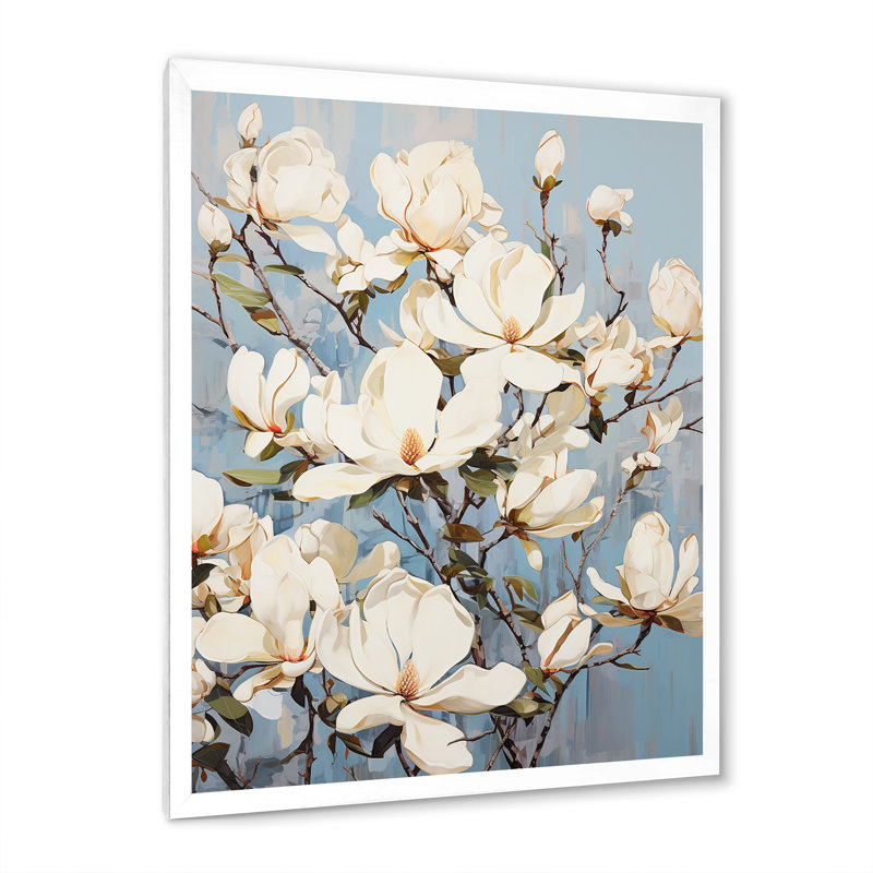 Magnolias en fleurs en blanc, H 32 po x l 24 po x P 1 po, Cadre simple blanc