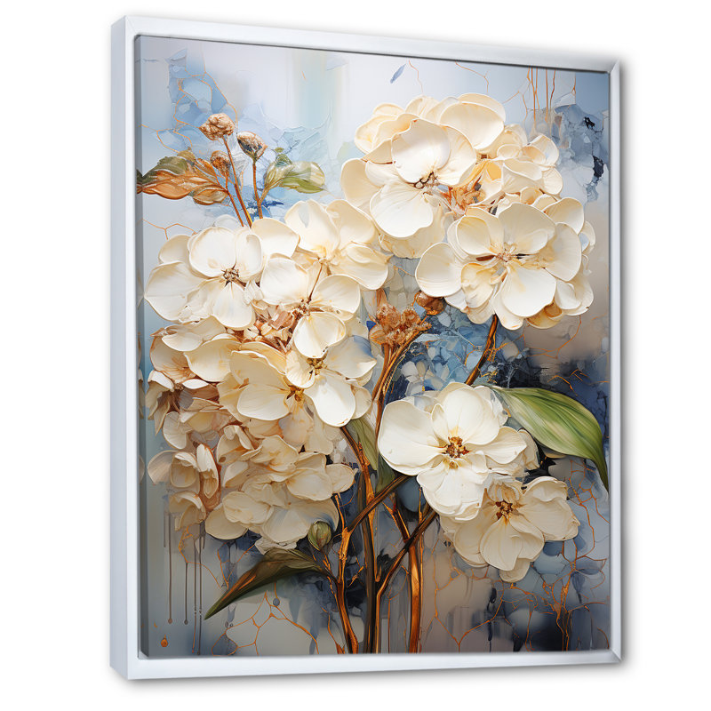 " Minimal Beige Hydrangea Grace I ", 20" H x 12" W x 1" D, White Floater Framed