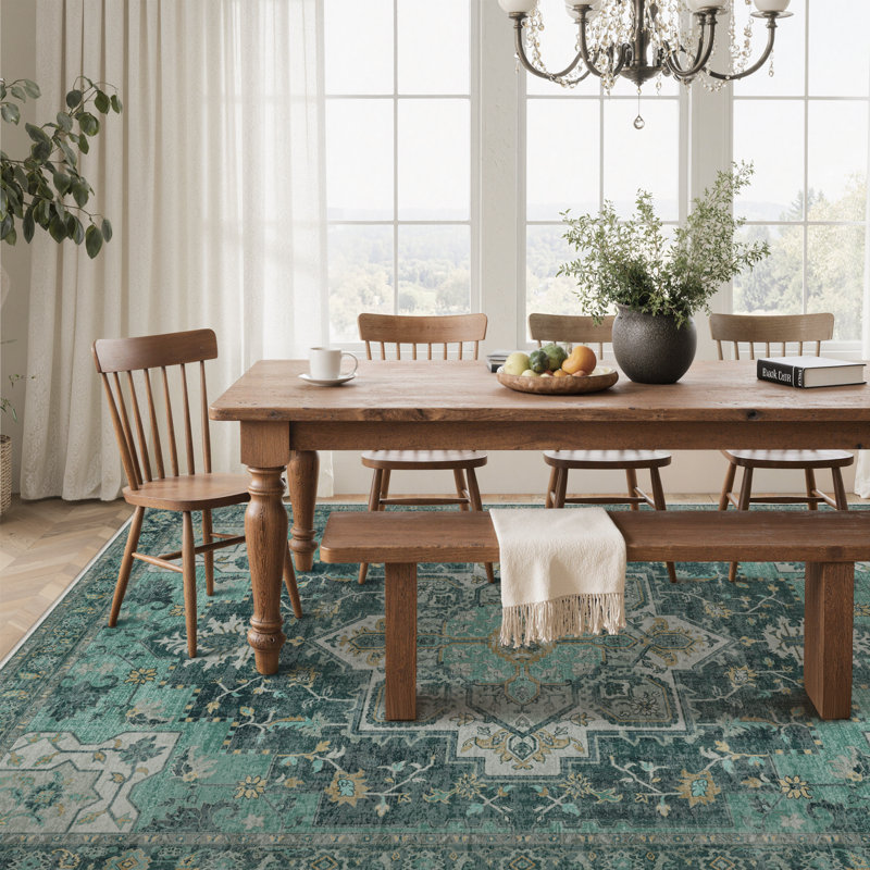 Roehit Oriental Performance Machine Washable Area Rug, Rectangle 5' x 7', Green