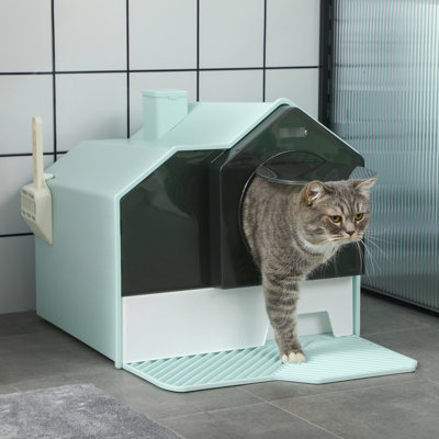 Bac à litière pour chat avec capuchon, bleu, minimisant les odeurs, tiroir facile à nettoyer