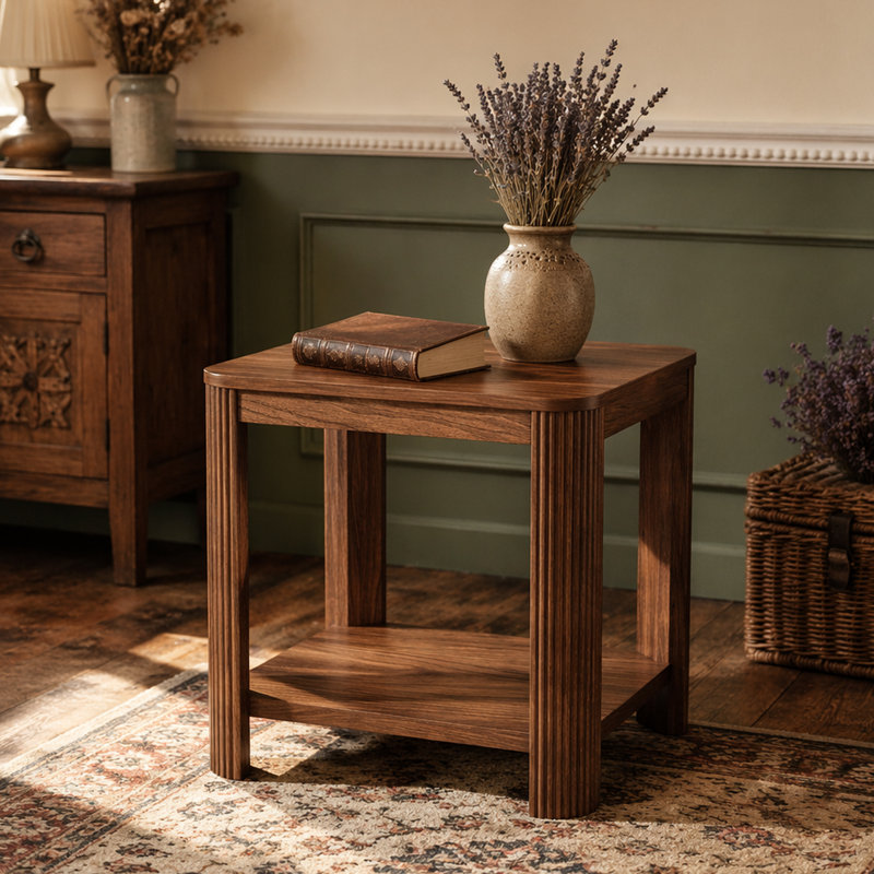Ensemble de 2 tables de bout arrondies de coin avec table de chevet carrée de 22,1 po avec pieds à vagues verticales, table d'appoint Boho à 2 niveaux pour le salon, la chambre à coucher et le bureau personnel (noyer)