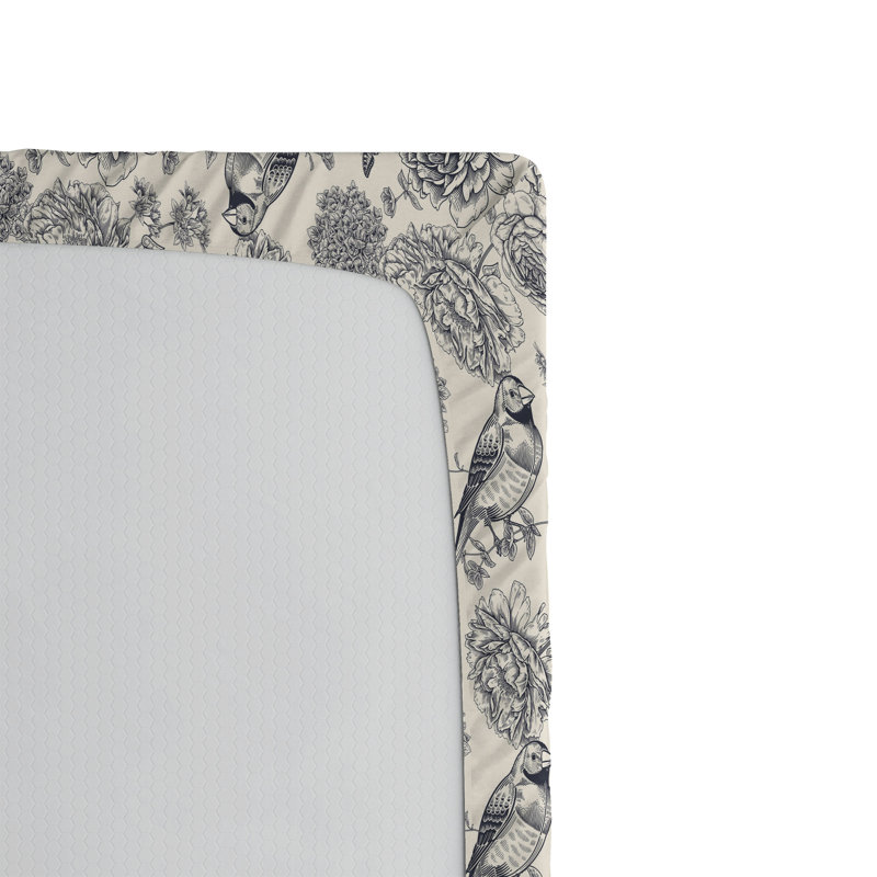 Drap-housse à motif floral Ambesonne, Coquille d'œuf / bleu foncé / motif floral gris, Drap-housse grand