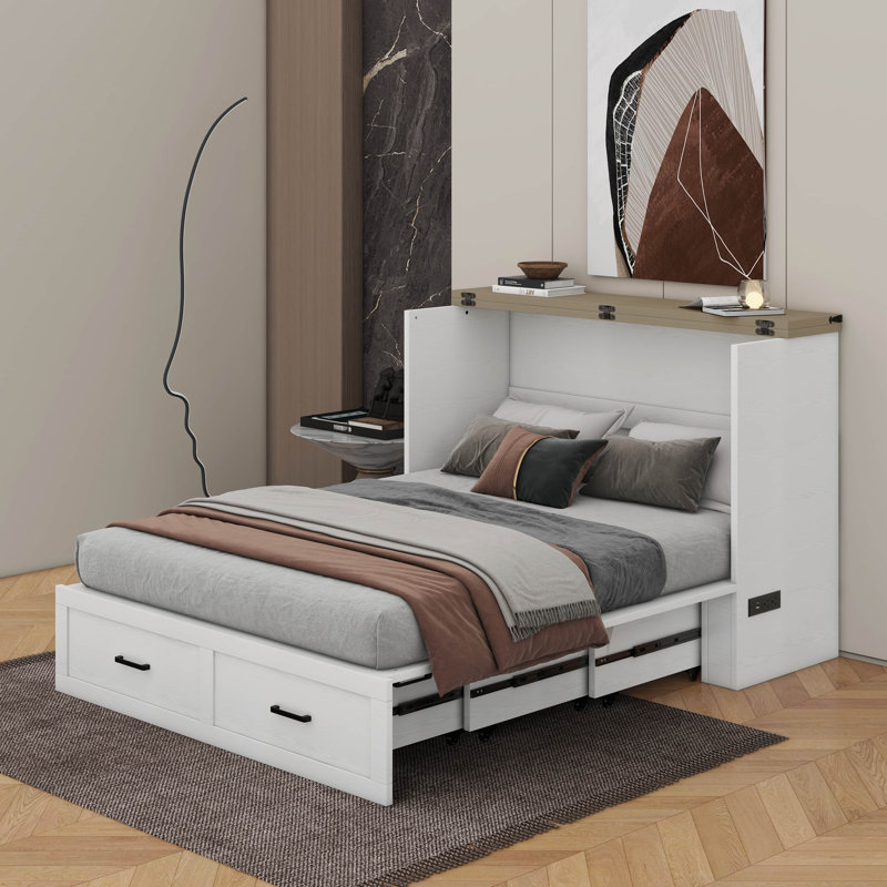 Lit escamotable Murphy avec station de charge, lit plateforme pliable multifonctionnel avec 1 grand tiroir de rangement