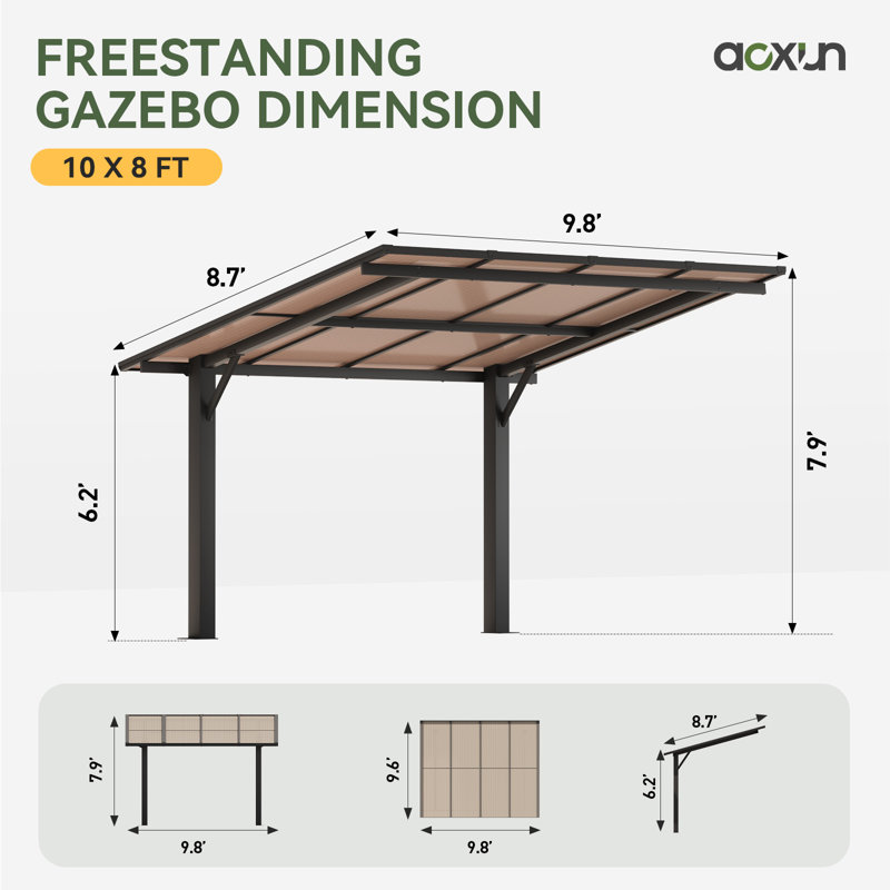 Pergola autoportante en polycarbonate de 10 pi x 8 pi avec structure en aluminium, housse de terrasse extérieure toutes saisons avec protection contre les rayons UV