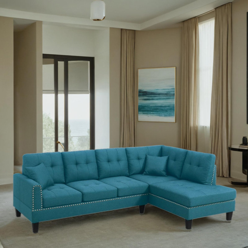 2 Piece Sectional Sofa Set With 2 Accent Pillow, Blue Velvet