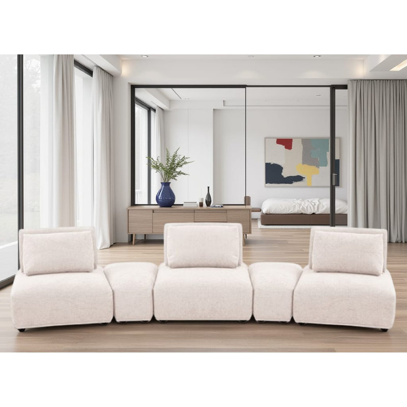 Canapé modulaire courbé 3 places Stavan, profondeur d'assise réglable, Boucle brun clair