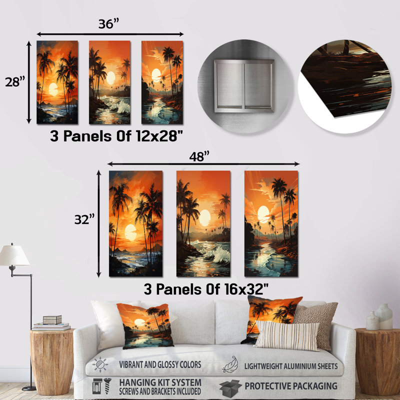 Ensemble de 3 décorations murales en métal Tangerine Twilight Tropical Tranquility Sunset - Palmiers et palmiers