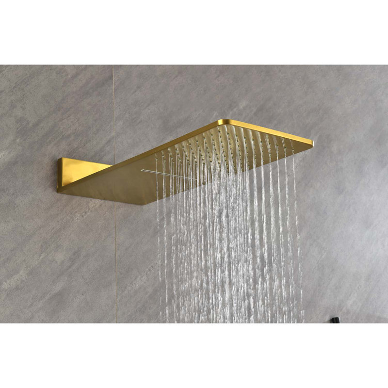 Système de douche murale à pluie et cascade avec douchette et jets pour le corps, Or brossé