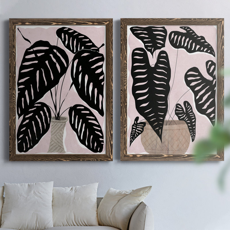 Plante en pot I - ensemble de 2 peintures sur toile encadrées, H 20 po x l 34 po x P 1,5 po, Cadre noyer