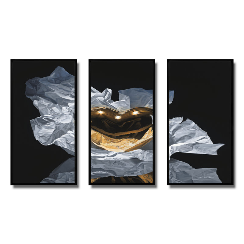 Cœur en or - ensemble d'art mural moderne sur toile encadrée 3 pièces, H 32 po x l 48 po x P 1 po, Noir