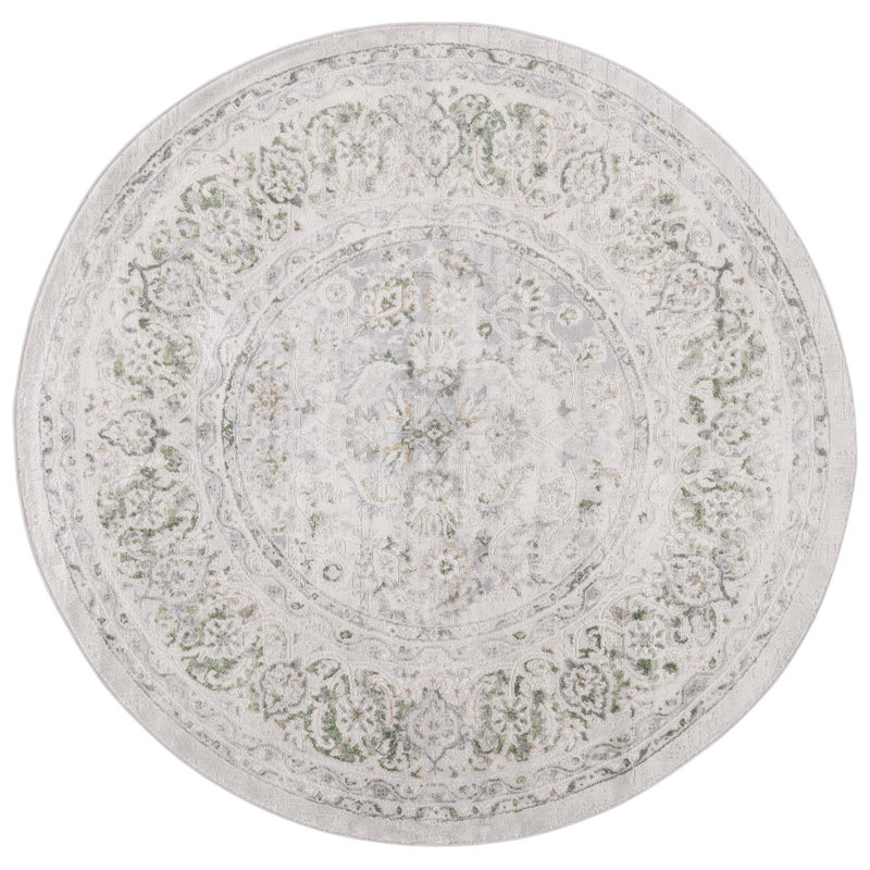Beige and Green Round Oriental Synthetic Rug, 6'7"