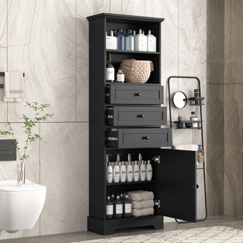 Black Tall Storage Cabinet With 3 Drawers And Adjustable Shelves For Bathroom, Black
