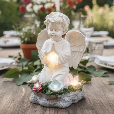 Solar Powered Resin Cherub Figurine Lamp Decorations