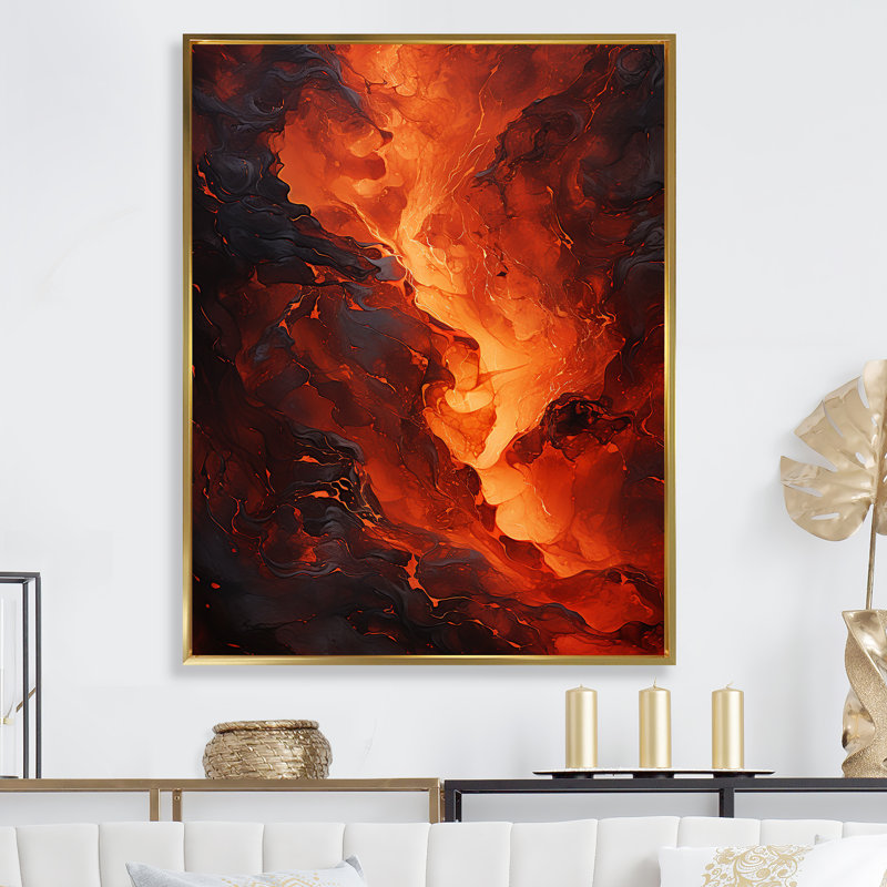 Fée de la flamme en fusion II - art mural abstrait, salon, Cadre flottant doré, H 32 po x l 16 po x P 1 po