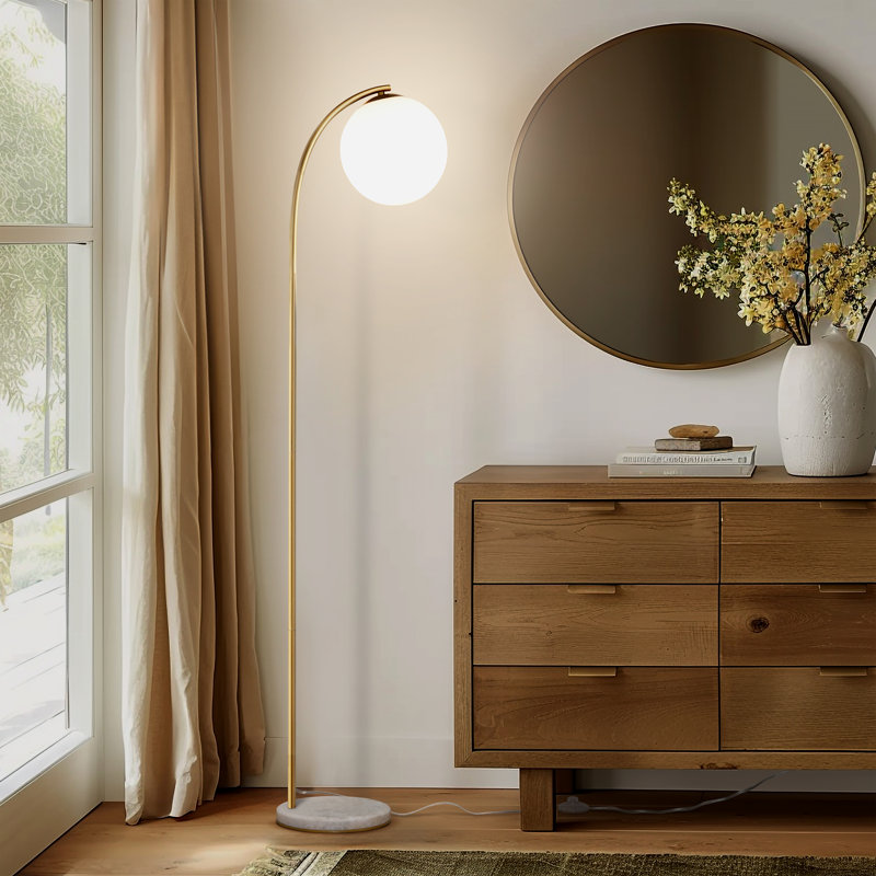 Lampe sur pied arquée moderne à DEL 70 po avec abat-jour en verre givré Luna Drop