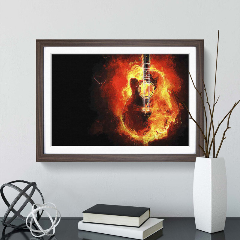 Acoustic Guitar In Flames - Single Picture Frame Print, 24cm H x 33cm W x 2cm D, Walnut Framed