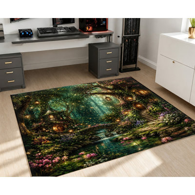 Magical Forest Treehouse Machine Washable Area Rug with Non‑Slip Backing, Enchanted Woodland Fairy Lights Scene Whimsical Nature Landscape Carpet, Cozy Indoor Home Decor for Living Room, Bedroom, Game Room, Den, Apartment