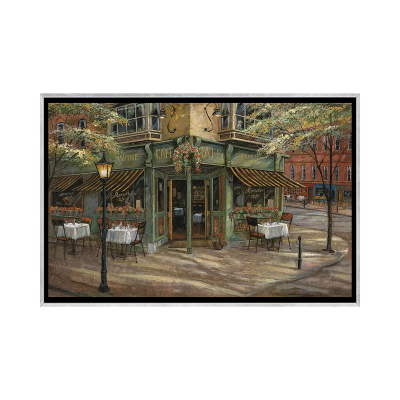 Mandi's Café par Ruane Manning - reproduction d'art, H 32 po x l 48 po x 1,5 po, Toile avec cadre argenté, Aucun mat