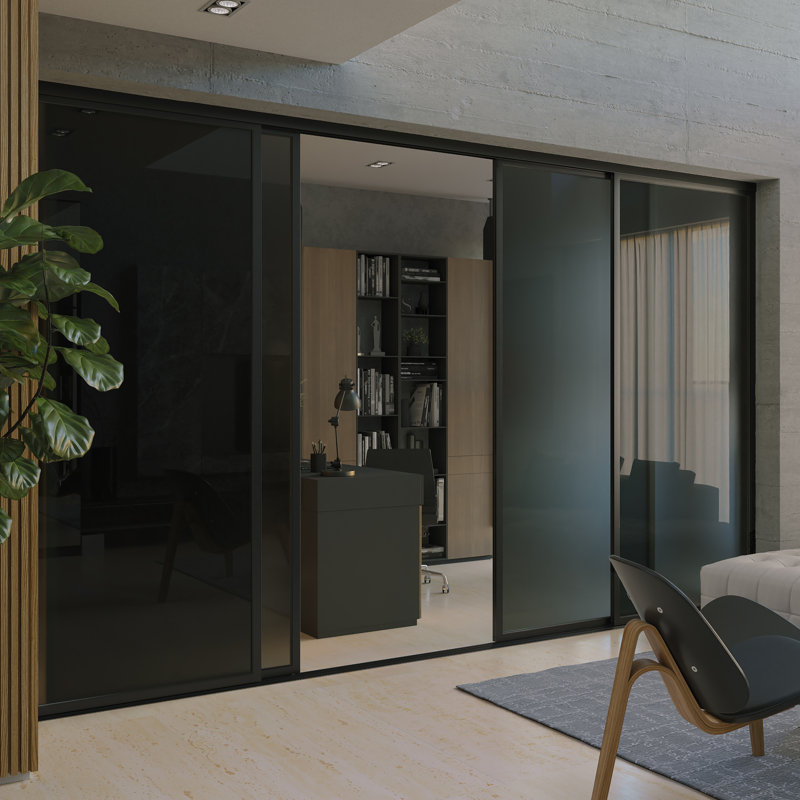 Cloison 4 panneaux coulissants en verre givré fumé - Structure en aluminium avec technologie Silent Glide, 160 po x 96 po