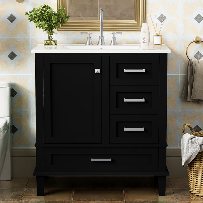 Armoire de salle de bain moderne 30 po, couleur noire, bois massif +, comptoir en céramique, 3 tiroirs et porte pour meuble-lavabo exceptionnel, armoire