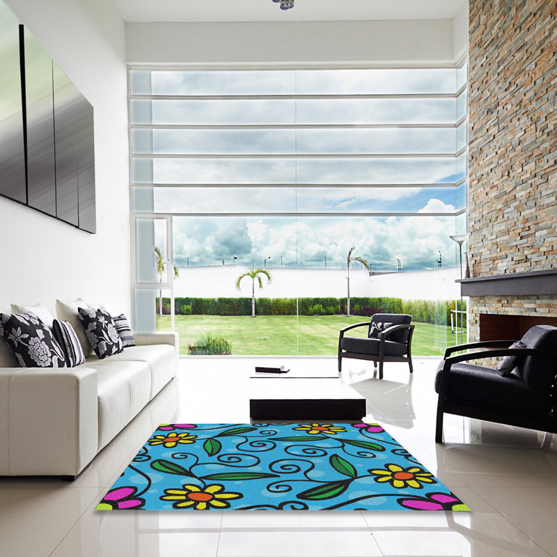 Tapis bleu à motif floral Nidhogg, Carré 8 pi