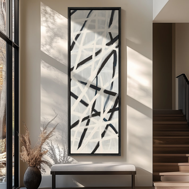 «Bold Black Abstract Grid on Light Canvas», reproduction d'art encadrée sur toile encadrée, Noir