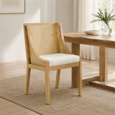 Chaises de salle à manger en rotin, structure en bois massif avec accoudoirs décoratifs, assise recouverte de lin, chaises d'appoint de style rustique en bois pour la cuisine, la salle à manger et le salon, finition naturelle, vendues à l'unité