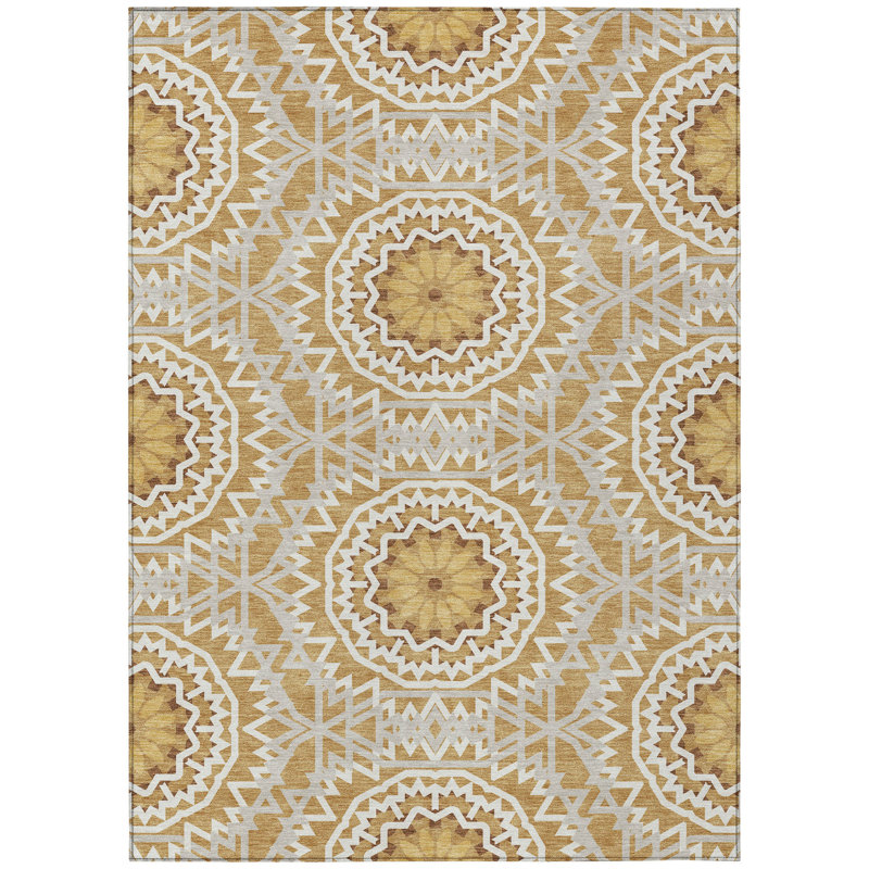 3' X 5' Gold Gray And Ivory Floral Medallion Washable Indoor Outdoor Area Rug