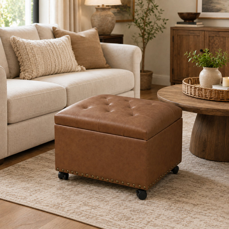 Pouf de rangement moderne de 61 cm en similicuir avec roulettes pour salon, Brun