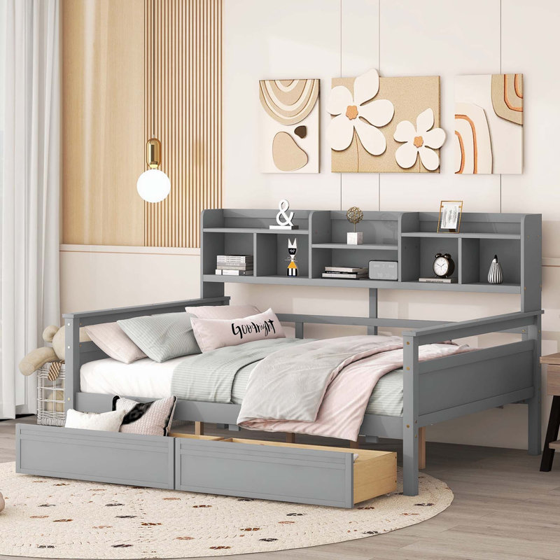 Lit de jour polyvalent avec tablette et tiroirs pour la détente et le rangement, Grey, Complet/Double