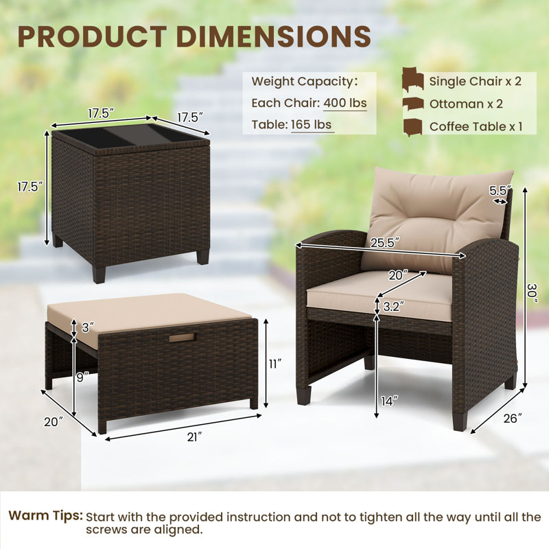 5 PCS Patio Rattan Furniture with 2 Wicker Ottomans & Tempered Glass Coffee Table Mix Brown + Beige