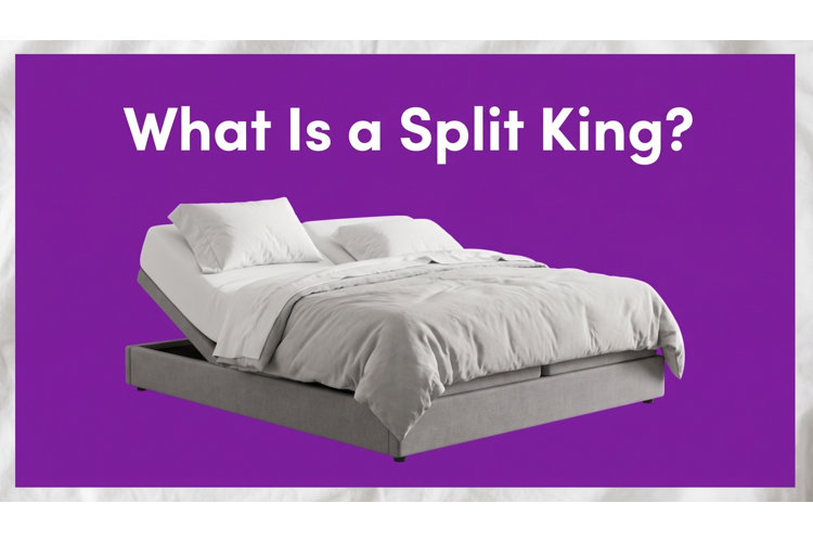 An educational graphic titled 'What Is a Split King?' on a purple background, featuring a modern adjustable bed with two separate mattresses side by side, where one side is elevated at the head while the other side remains flat