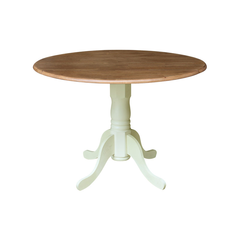 Philipston 42" Extandable Drop Leaf Rubberwood Solid Wood Pedestal Dining Table, Shell, Hickory
