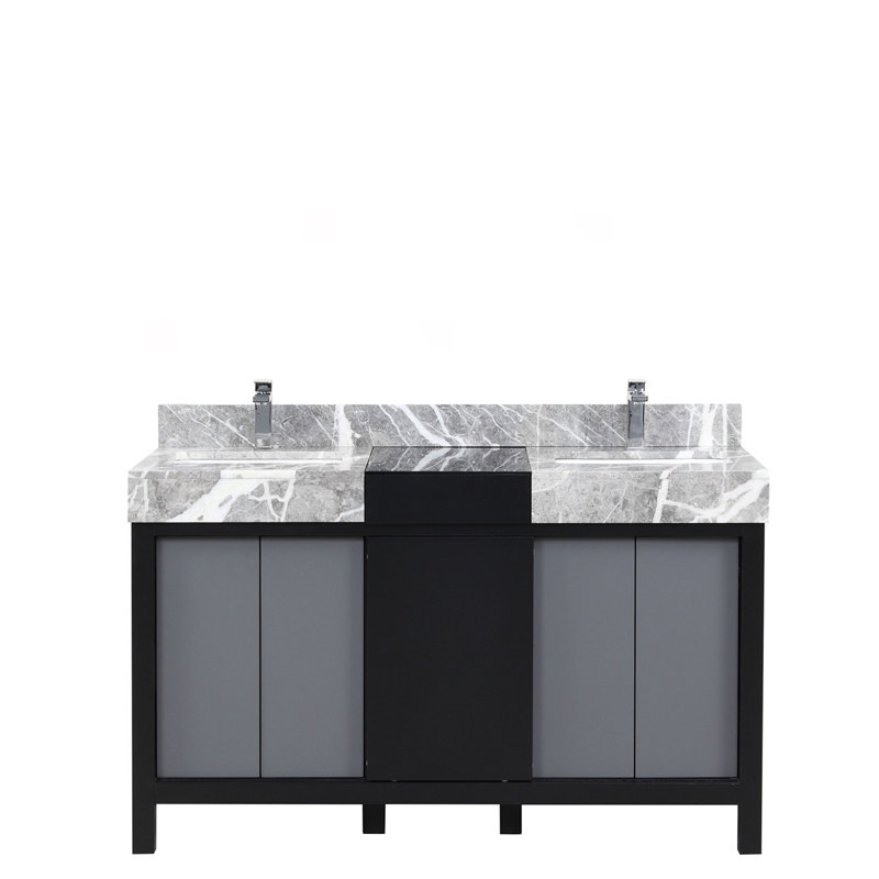 Ensemble de meuble-lavabo double noir et gris avec couvercle en marbre gris et robinet chromé 22 po