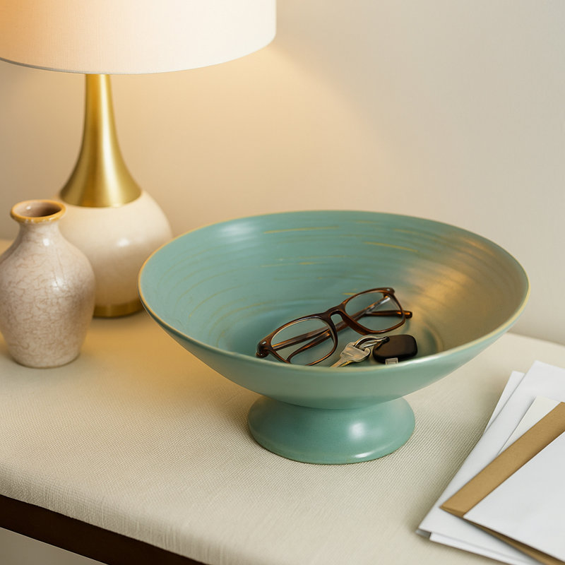 Bol décoratif décoratif à piédestal rond pour salle à manger - Décoration intérieure moderne pour centre de table, vestibule ou salon - 15 po, vert