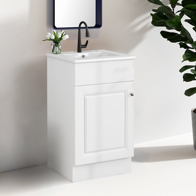 Meuble-lavabo de salle de bain avec lavabo en céramique, avec tablette de porte et tablette réglable, Blanc