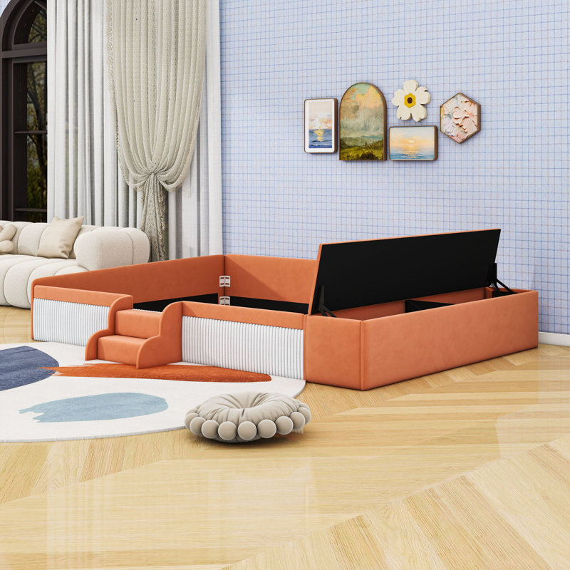 Upholstered Daybed with Gas Lift Storage Ottoman, Queen, Brown White