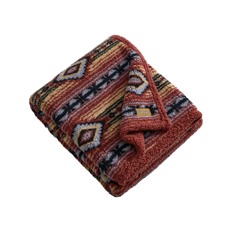 Wrangler Printed Plush Sherpa Throw Blanket, Anguston Red
