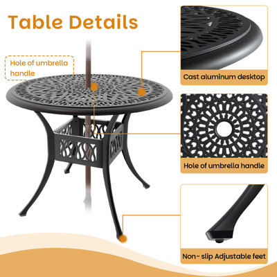 cast aluminum set - round table & swivel chairs, all-weather patio design in black frame