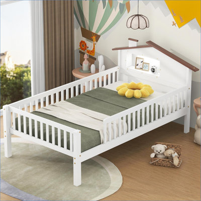 Bois de pin simple Lit plateforme avec rangement en panneau de fibres à densité moyenne, sans sommier tapissier à DEL, blanc pour chambre d'amis