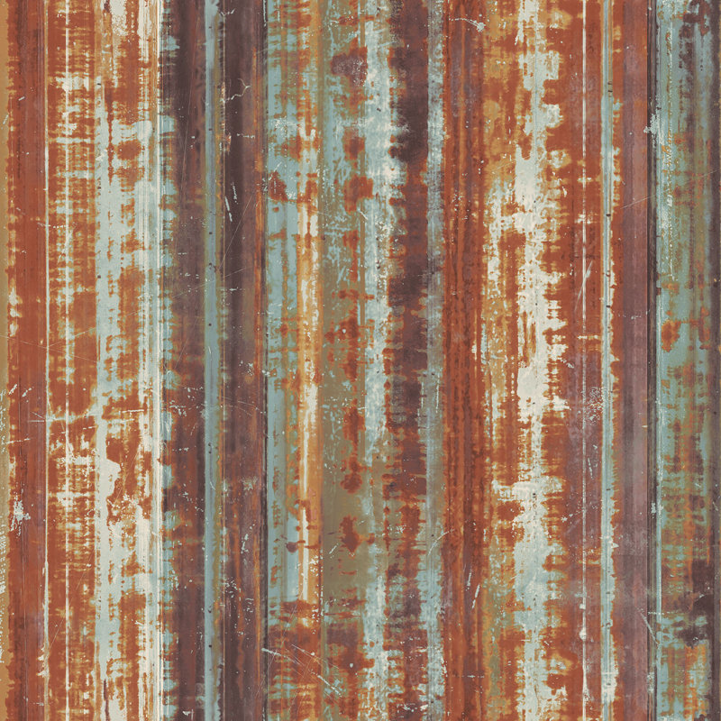 Grunge Metallic Rusty Corrugated Metal Effect 33' L x 21" W Wallpaper Roll, Rust