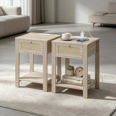 2pcs Bed Side End Table , Nightstand With Charging Station, Drawer And Storage Open Shelf