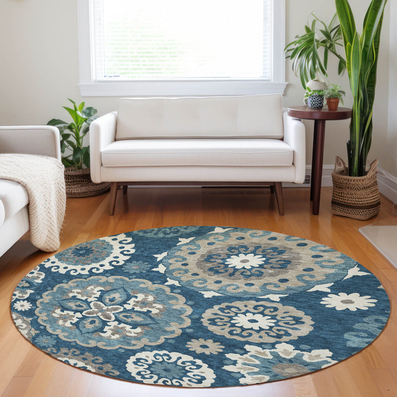 Premium Machine Washable Prisco Blue Rug, Round 8'