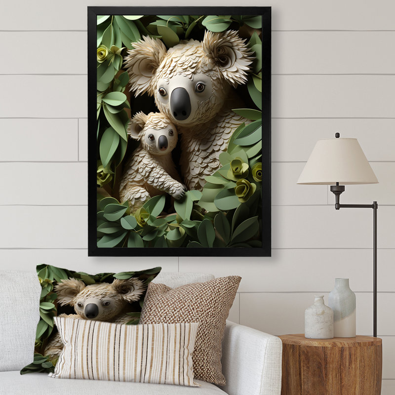 Cuddly Koala Family - Koala Animal, art mural, Cadre flottant blanc, H 32 po x l 16 po x P 1 po