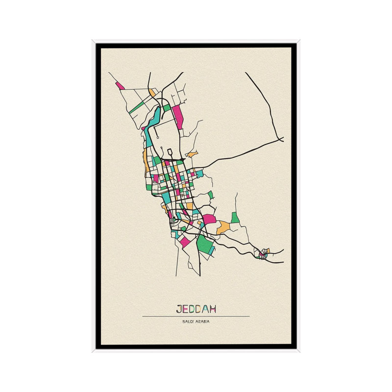 Jeddah, Saudi Arabia Map by Ayse Deniz Akerman - Floater Frame Print on Canvas, Brown Floater Frame, 101.6 cm H x 66.04 cm W