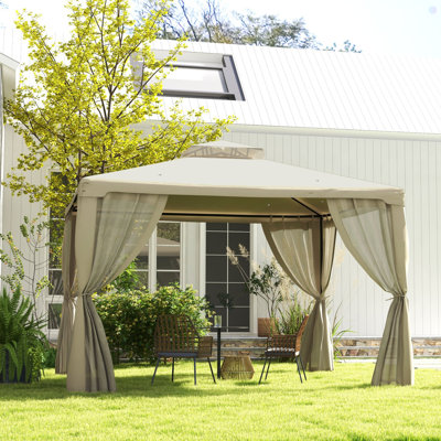Pavillon de jardin, abri à baldaquin extérieur avec toit à 2 niveaux et filet, structure en acier pour le jardin, la pelouse, la cour et la terrasse